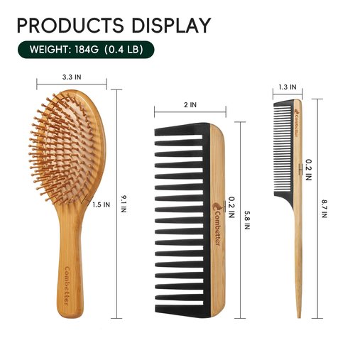 Bamboo Hair Brush and Comb Set, Massage Scalp Detangling Hairbrush for Hair Growth, Bakelite Durable Anti Static Wide-Tooth Comb & Rat Tail Comb for Women, Men, Kid
