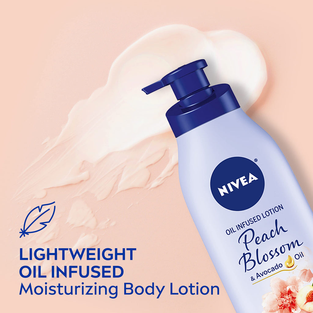 NIVEA Oil Infused Peach Blossom and Avocado Oil Body Lotion,Body Lotion for Dry Skin,16.9 Fl Oz Pump Bottle,(Pack of 2)