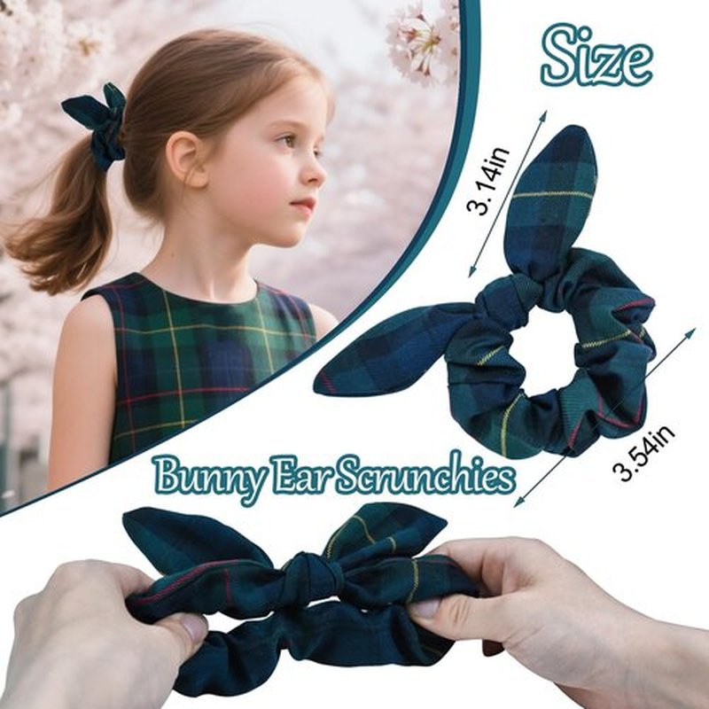 6pcs Uniform Hair Accessories for Girls, 2 Back to School Bows Clip 2 Plaid Bunny Ear Bowknot Scrunchies 2 Snap Barrettes Long Tail Hair Bow Set for Toddler Little Girl (Dark Green, Navy, Yellow, Red)