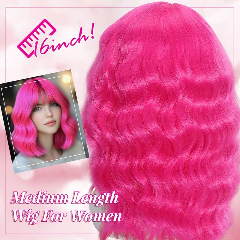 Ucubb Short Bob Wavy Wig with Bangs for Women Loose Curly Wig Look natural Shoulder Length Bob Synthetic Cosplay Wig for Girl Colorful Costume Wigs