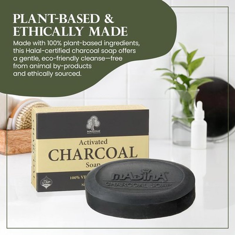 Madina Activated Charcoal Soap Bar – Deep Cleansing, Detoxifying, Oil Control, Acne, 100% Vegetable-Based, Halal, Gentle Face & Body Cleanser, 6 Pack (3.5 oz Each)