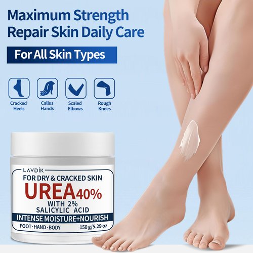 LAVDIK 40% Urea Cream with 2% Salicylic Acid, Maximum Strength Moisturizer for Dry, Cracked Skin on Feet, Hands, Heels, Elbows, and Knees, 5.29 OZ