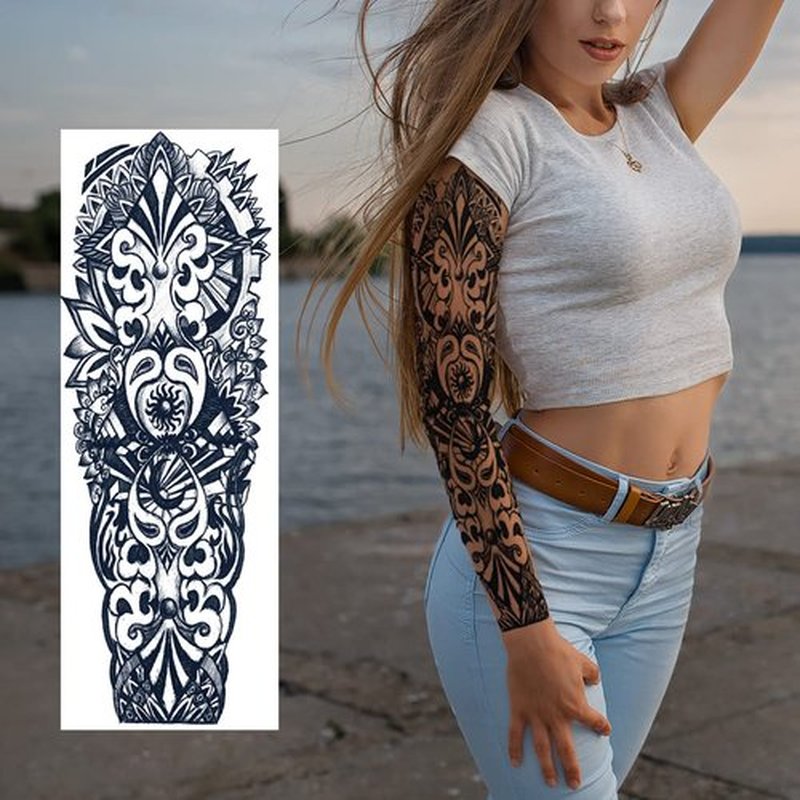 PADOUN Black Totem Flower Skull Temporary Tattoos - 8-Sheet Realistic Sleeve Tattoos for Men and Women, Large Arm Fake Tattoo
