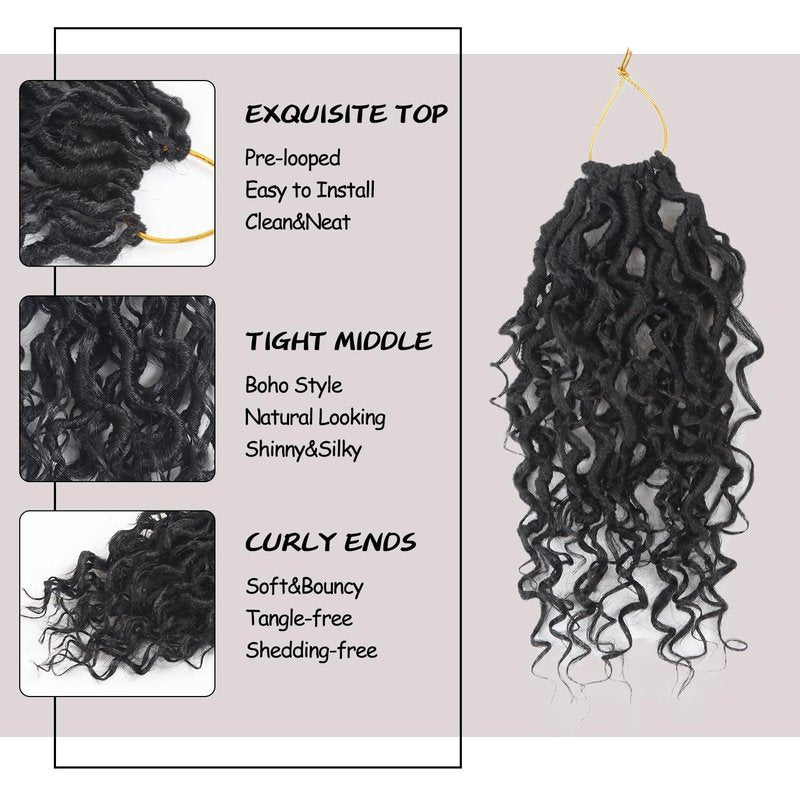 Vemet Goddess Locs Crochet Hair 8 Inch 9 Packs Faux Locs Synthetic Crochet Hair for Black Women, Boho Style Pre looped crochet with Curly Ends 1B