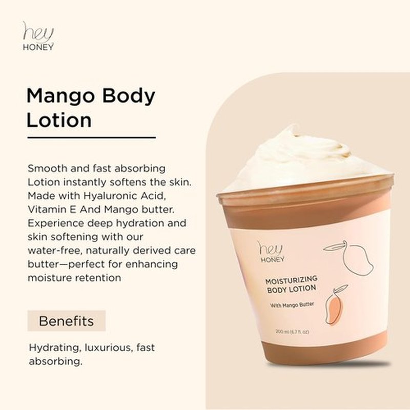 Hey Honey Skin Care Mango & Honey Water-Free Body Lotion - Hyaluronic Acid, Ceramides & Barrier Repair for Hands, Elbows & Dry Sensitive Skin | 24-Hr Hydration, Fruit Enzymes, Cruelty-Free | 6.7 oz