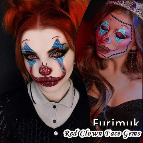 2 Pack Red Face Gems Jewels Tattoos for Halloween,Day of the Dead Skull Rhinestone Temporary Face Tattoo Stickers for Women Men Cosplay Makeup Outfit Blue Clown