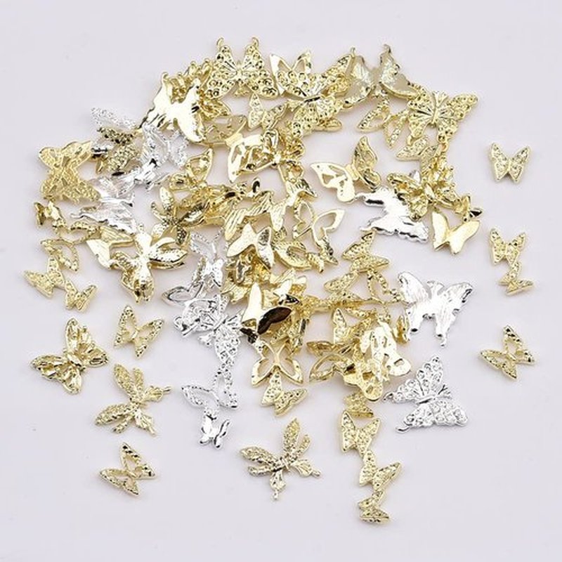 60pcs Metal Alloy Gold Silver 3D Butterfly Nail Charms Mix Big Small Designs for Women Nails Decoration Craft Jewelry DIY Bulk Supply