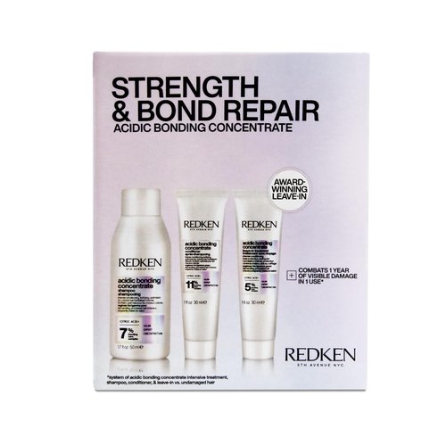 Redken Acidic Bonding Concentrate Mini Kit – Strengthening Shampoo, Conditioner & Leave In Treatment for Damaged Hair, Reduces Breakage & Split Ends, Travel Size