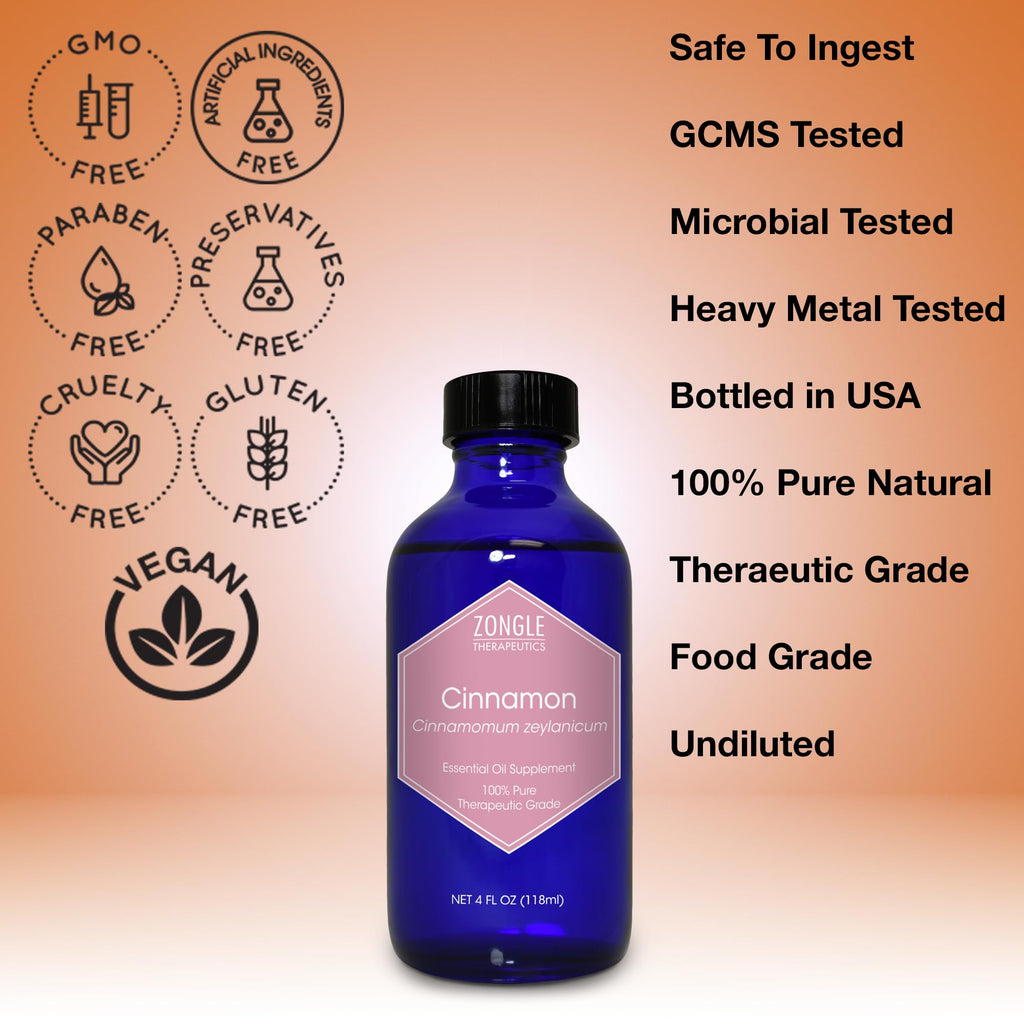 Cinnamon Essential Oil, Food Grade, for Candy, Cooking, Baking – 100% Pure, Edible, Cinnamon, Leaf, Oil, by Zongle Therapeutics, 4 OZ