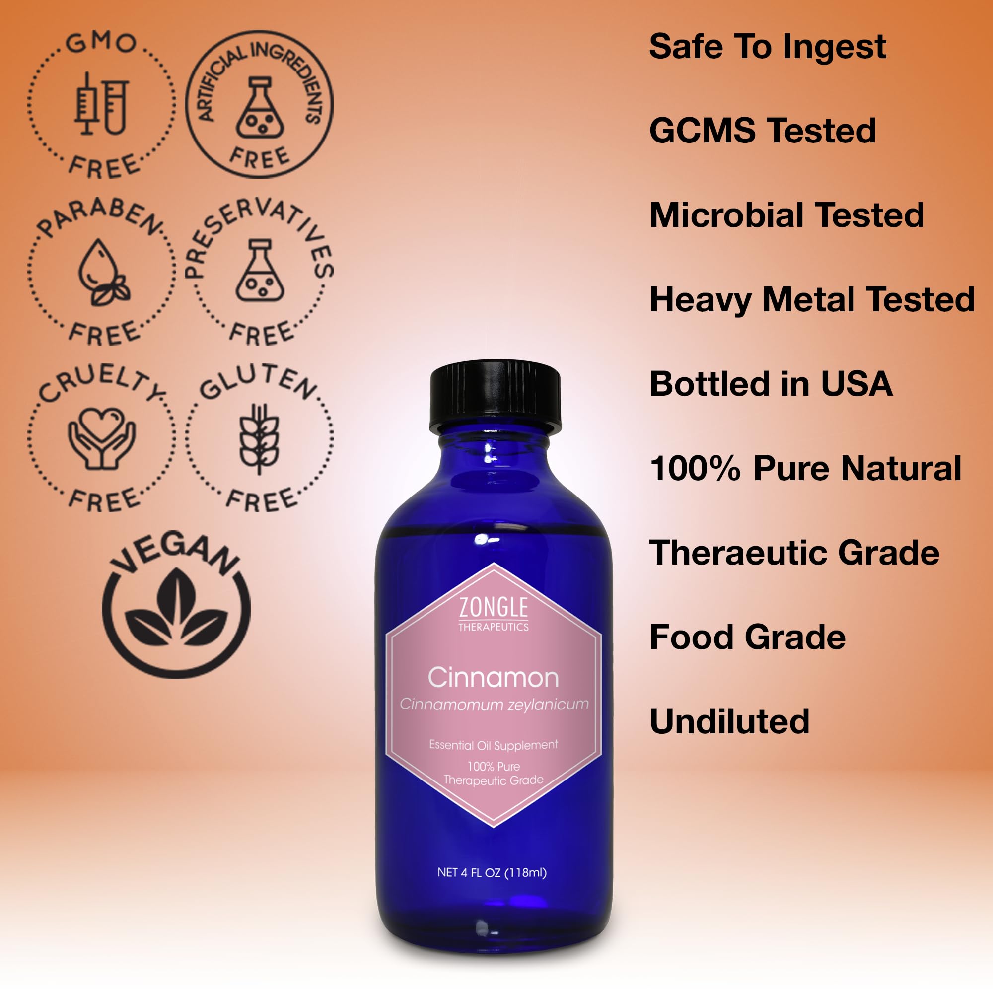 Cinnamon Essential Oil, Food Grade, for Candy, Cooking, Baking – 100% Pure, Edible, Cinnamon, Leaf, Oil, by Zongle Therapeutics, 4 OZ