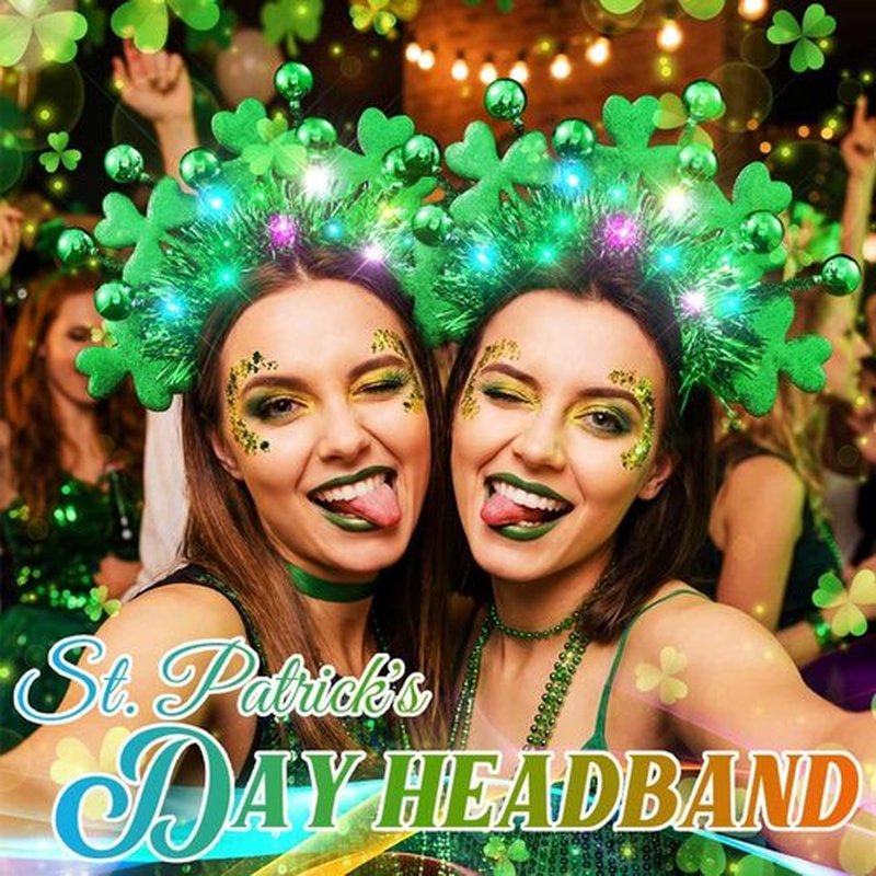 CAKURE Light Up St Patricks Day Headband Green Shamrock Headpiece Irish Day Hair Accessories for Women