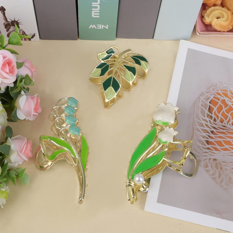 Yonchic 3-Piece Flower Metal Hair Accessories: White Tulips Hair Claw for Thin/Medium Hair, Blue Lily Hair Barrettes with Strong Hold Non-Slip Clamps