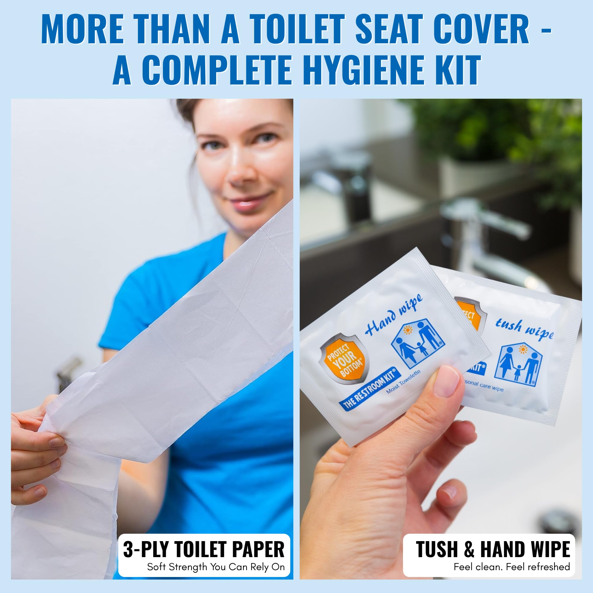 The Restroom Kit Great for travel (12-Pack) Portable Disposable Oversized Toilet Seat Cover, 3ft 3Ply Toilet Paper, Hand & Flushable Tush Wipe.