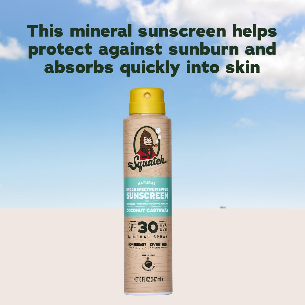 Dr Squatch Sunscreen Spray – Mineral Sunscreen for Face and Body, SPF 30, Broad Spectrum UVA/UVB Protection – Zinc Oxide, Lightweight Non-Greasy Formula – Coconut Castaway (5 fl oz)