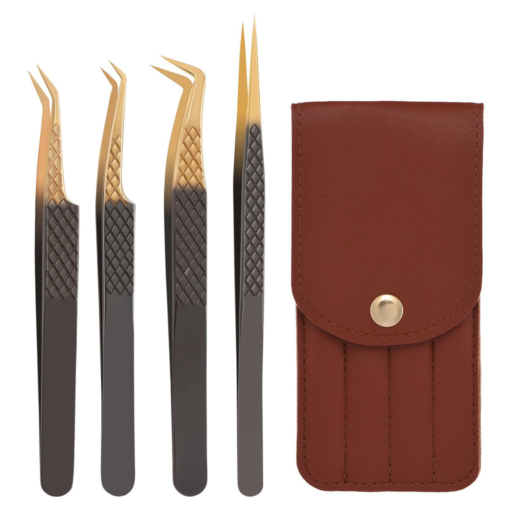 POCMKO Lash Tweezers for Eyelash Extension, Set of 4 Lash Extension Tweezers with Diamond Grip, High Precision Eyelash Tweezers Set for Volume & Classic Lashes