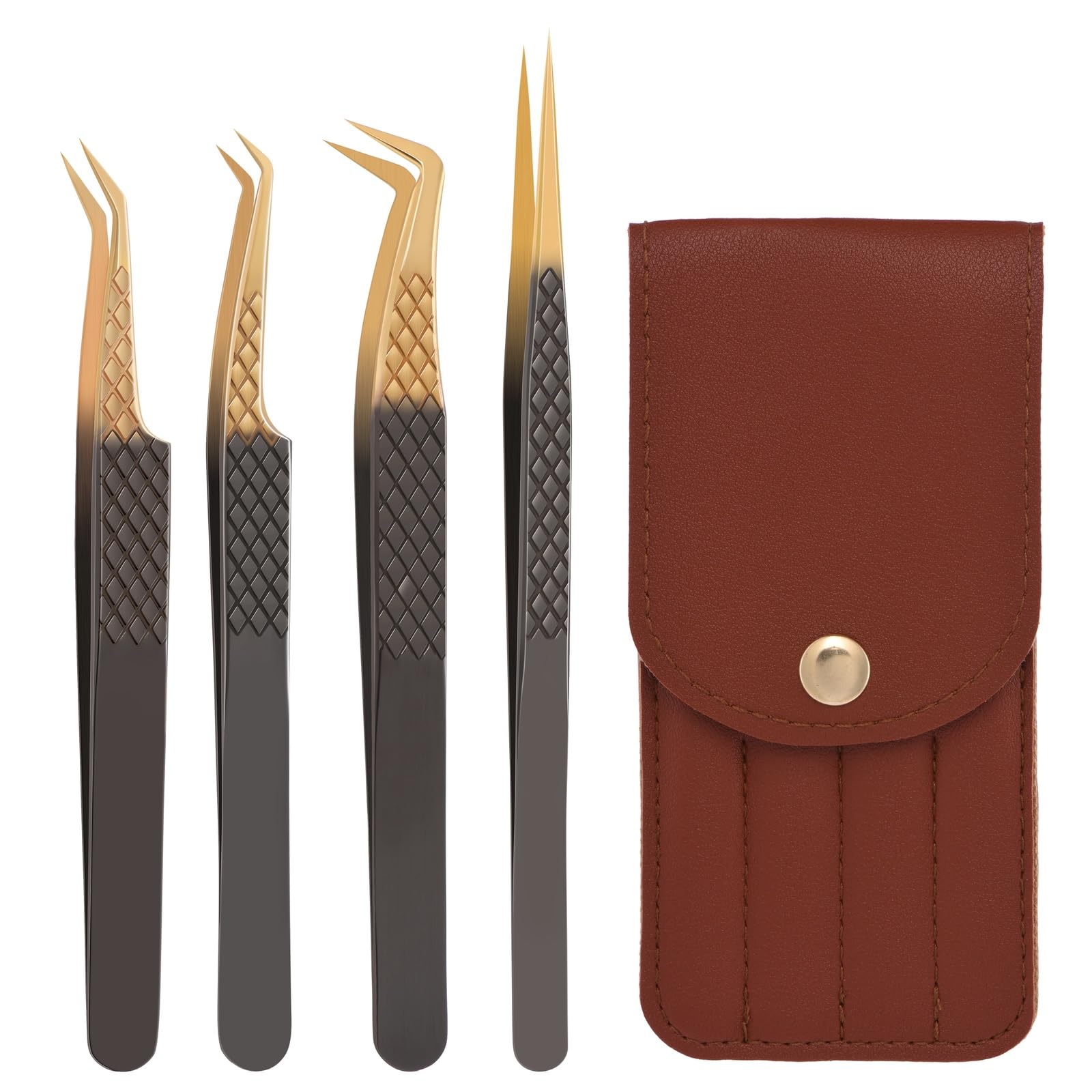 POCMKO Lash Tweezers for Eyelash Extension, Set of 4 Lash Extension Tweezers with Diamond Grip, High Precision Eyelash Tweezers Set for Volume & Classic Lashes