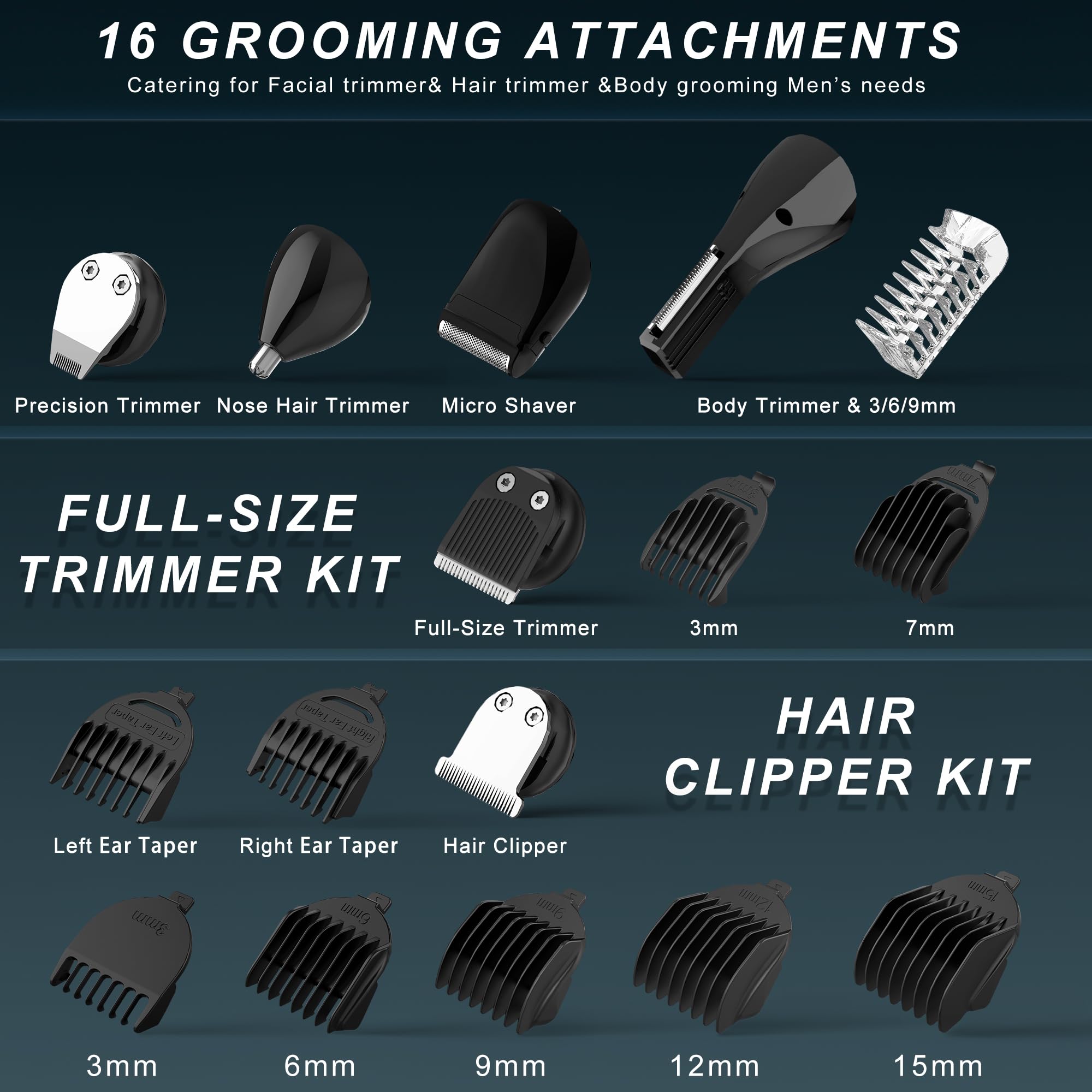 Hatteker Mens Body Hair Beard Trimmer Groin Trimmer Mens Grooming Kit Electric Razor Body Shaver Waterproof 6 in 1