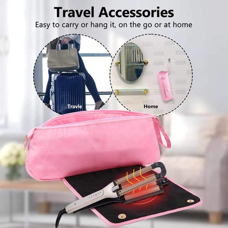 GERYUAEG Large Hair Tools Travel Bag with Heat Resistant Mat for Straighteners, Curling Iron, Haircare Accessories, Hair Styling Tools Bag with Silicone Mat (Pink)