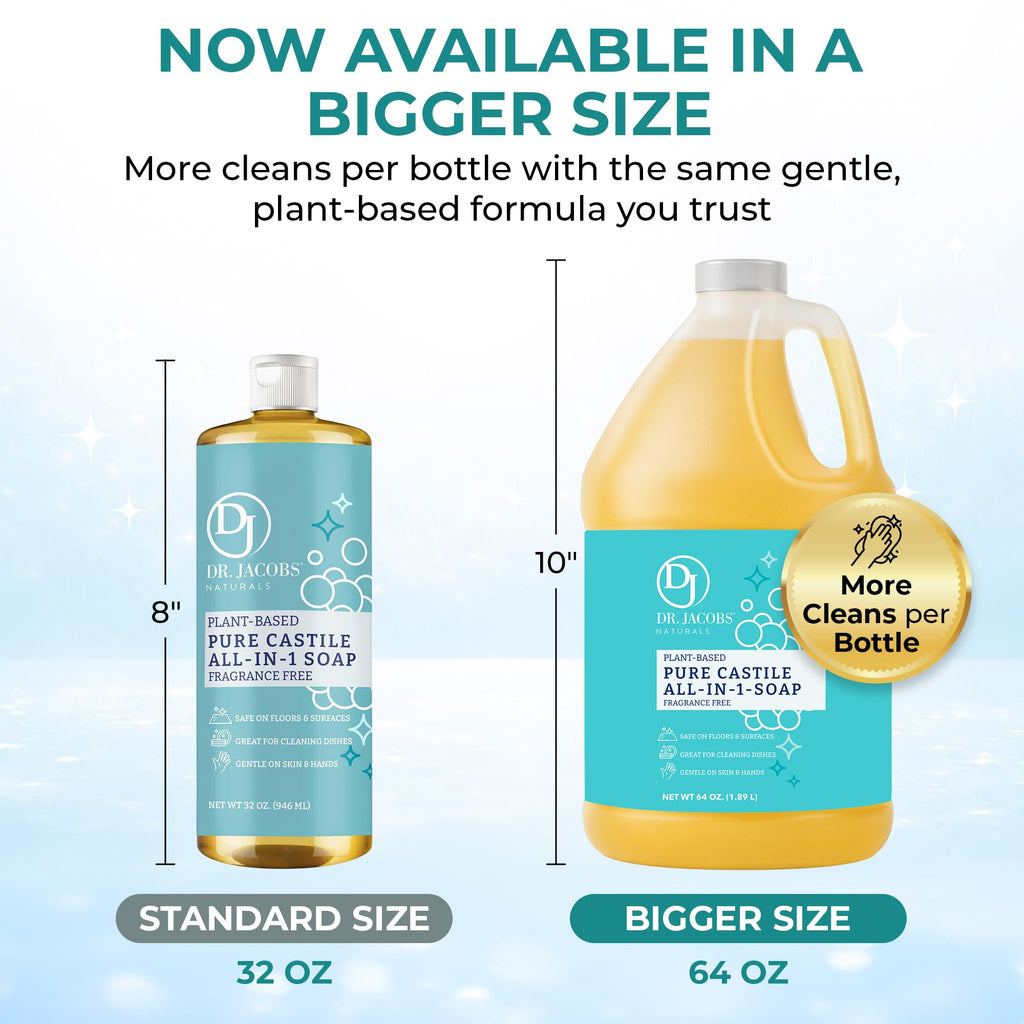 Dr. Jacobs Naturals Pure Castile Soap, 64 oz Value Size - Unscented - Made in USA - All-in-One Plant-Based Multipurpose Cleaner for Floors, Counters, Dishes & Laundry, Gentle on Skin, Biodegradable