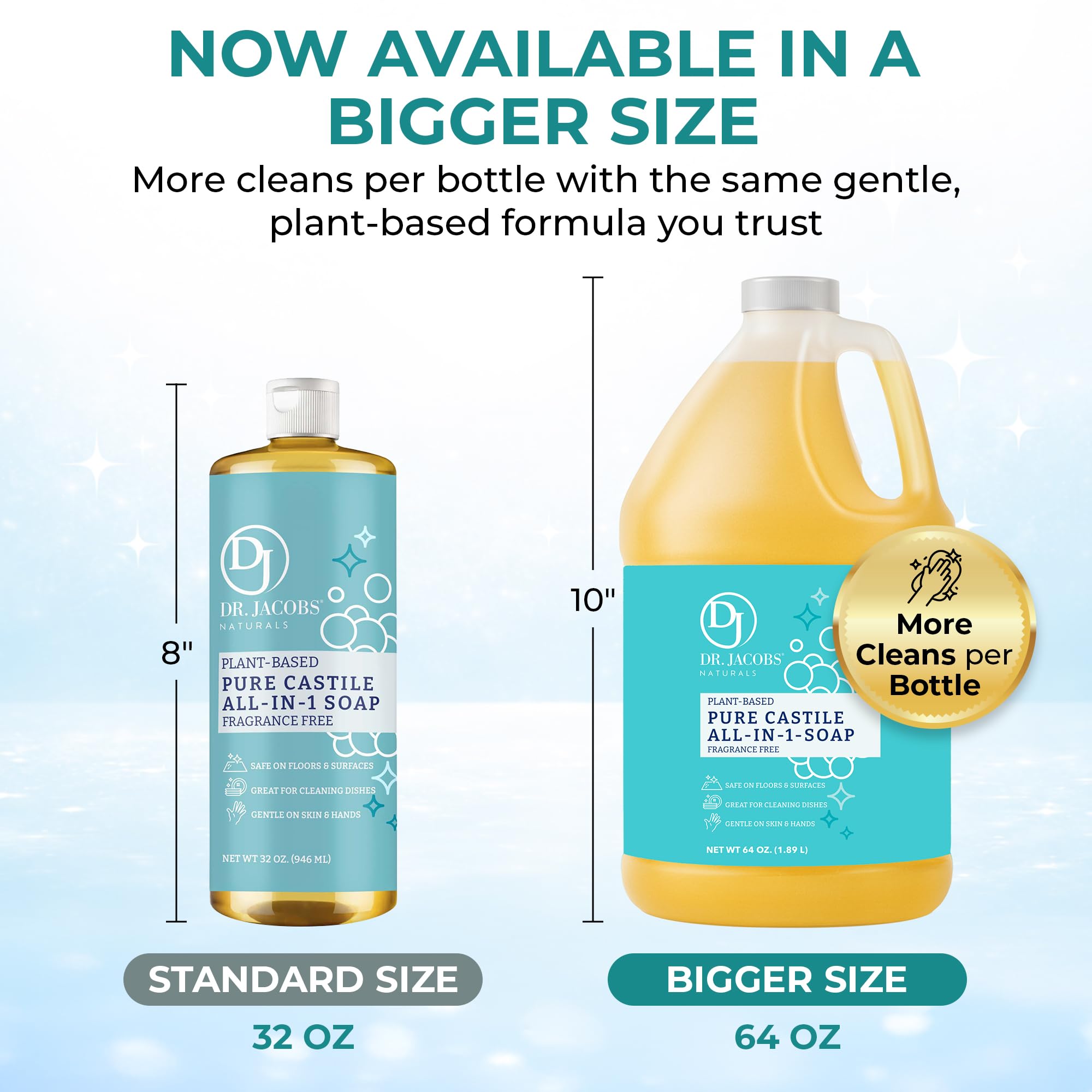 Dr. Jacobs Naturals Pure Castile Soap, 64 oz Value Size - Unscented - Made in USA - All-in-One Plant-Based Multipurpose Cleaner for Floors, Counters, Dishes & Laundry, Gentle on Skin, Biodegradable