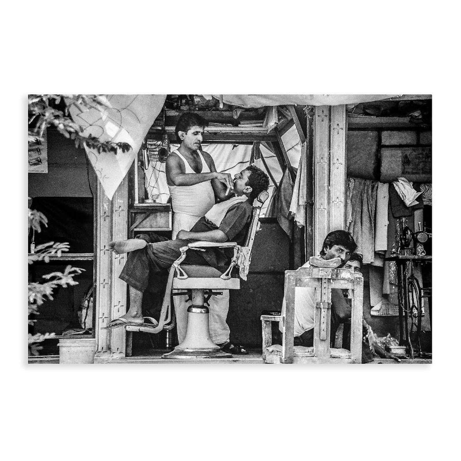Vintage Monochrome Street Barber Barber Shop Black And White Photo Classic Posters Prints Wall Art Home Decor Canvas Painting Suitable for Bedroom Living 12x08inch(30x20cm) Unframe-style