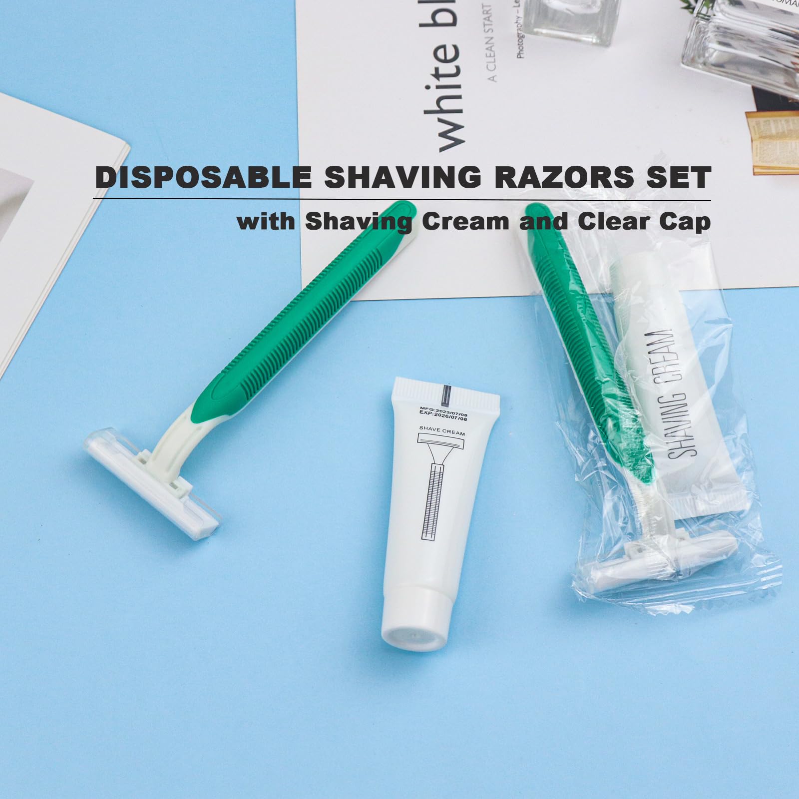 Disposable Razors in Bulk Pack of 30,Green Disposable Shaving Razors Individual Wrapped Twin Blade Bulk Disposable Razors with Clear Cap and 10g Shaving Cream for Homeless,Hotel,Travel,Charity,Shelter