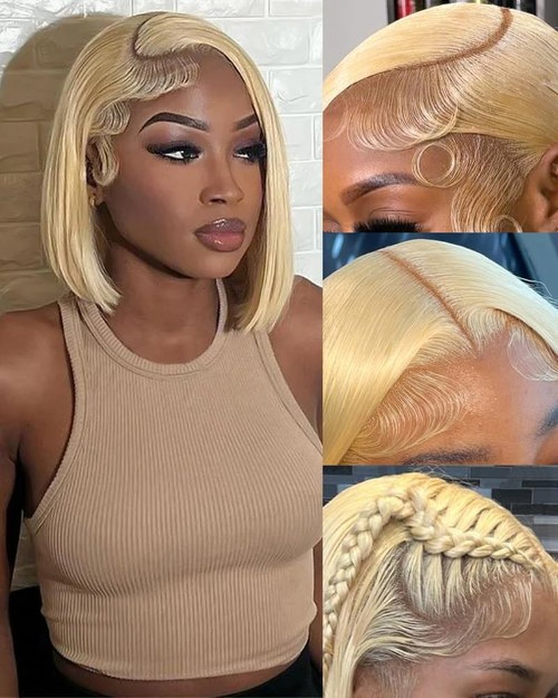 Alididi 613 Blonde Bob Wig Human Hair Straight 13x6 Transparent Lace Front Wigs Human Hair Pre Plucked Glueless Short Bob Wig human hair 180% Density 613 bob wigs for black women 10 Inch