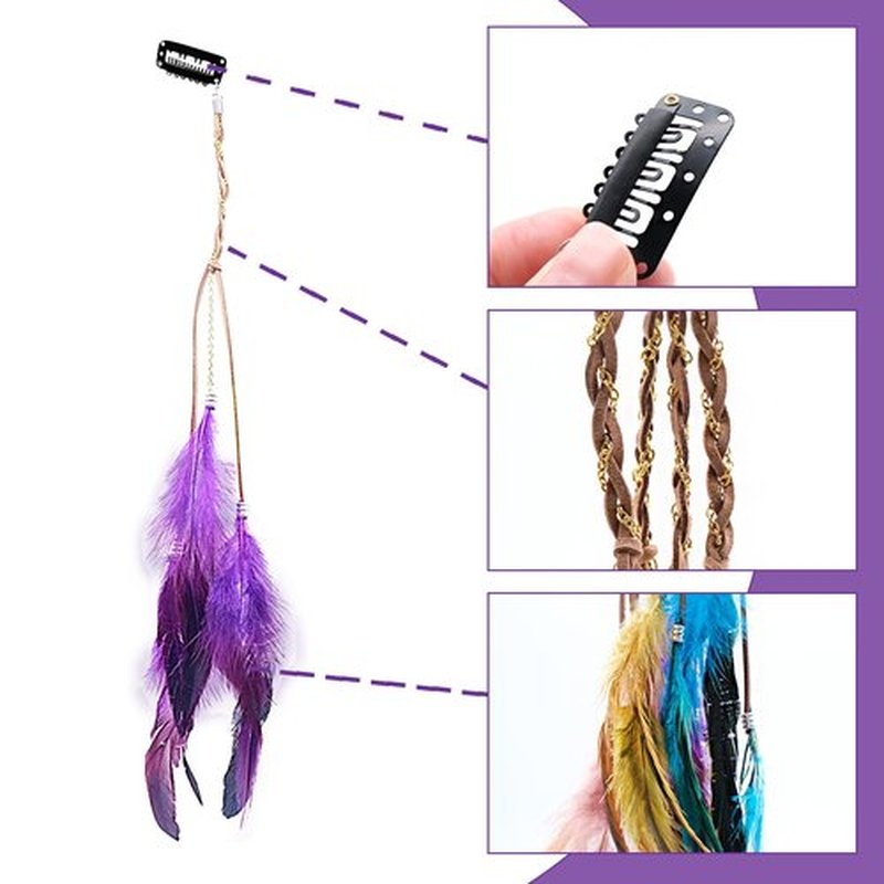 Bohemia Tribal Indian Gypsy Peacock Feather Hair Accessories (4Pcs): Braided Headpiece with Beads for Women, Perfect for Carnival, Festival, and Cosplay