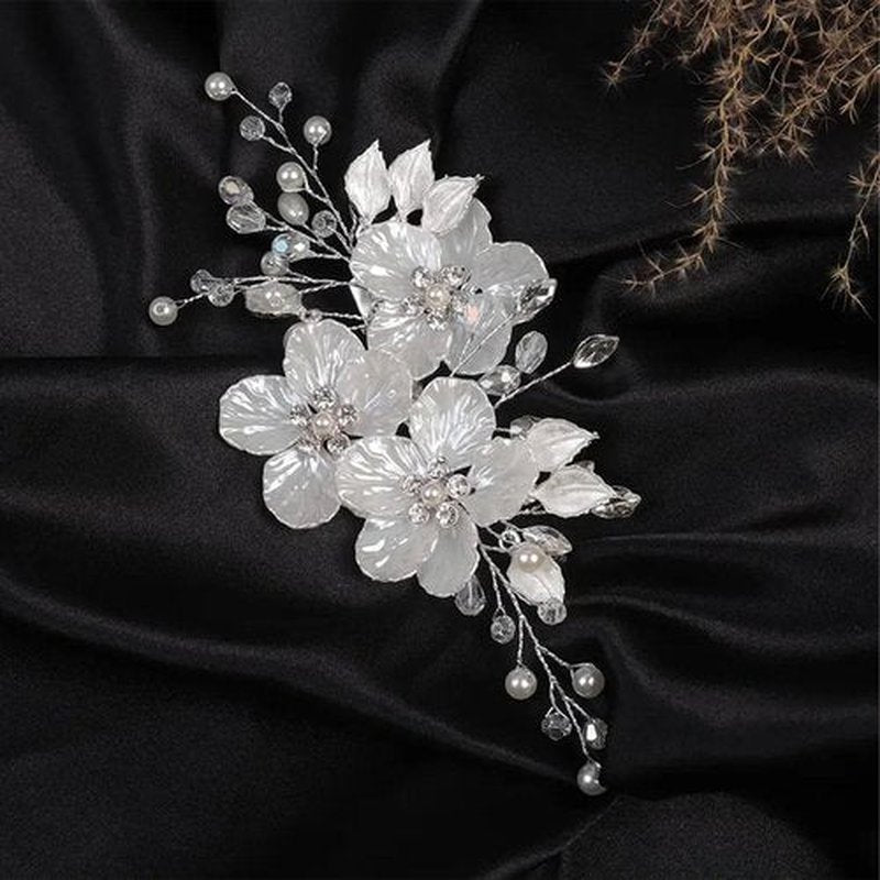 3 PCS Large Flower Bridal Wedding Hair Pins Crystal Pearl Hair Clips Headpiece Bride Hair Accessories Jewelry with Rhinestone, Glitter Emboss White Flower