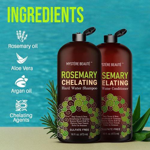 MYSTÈRE BEAUTÉ Rosemary Chelating Shampoo and Conditioner Set - 16 oz Each - Hard Water & Chlorine Removal with Biotin, Keratin & Tea Tree – Sulfate Free Clarifying Hair Strengthening Formula