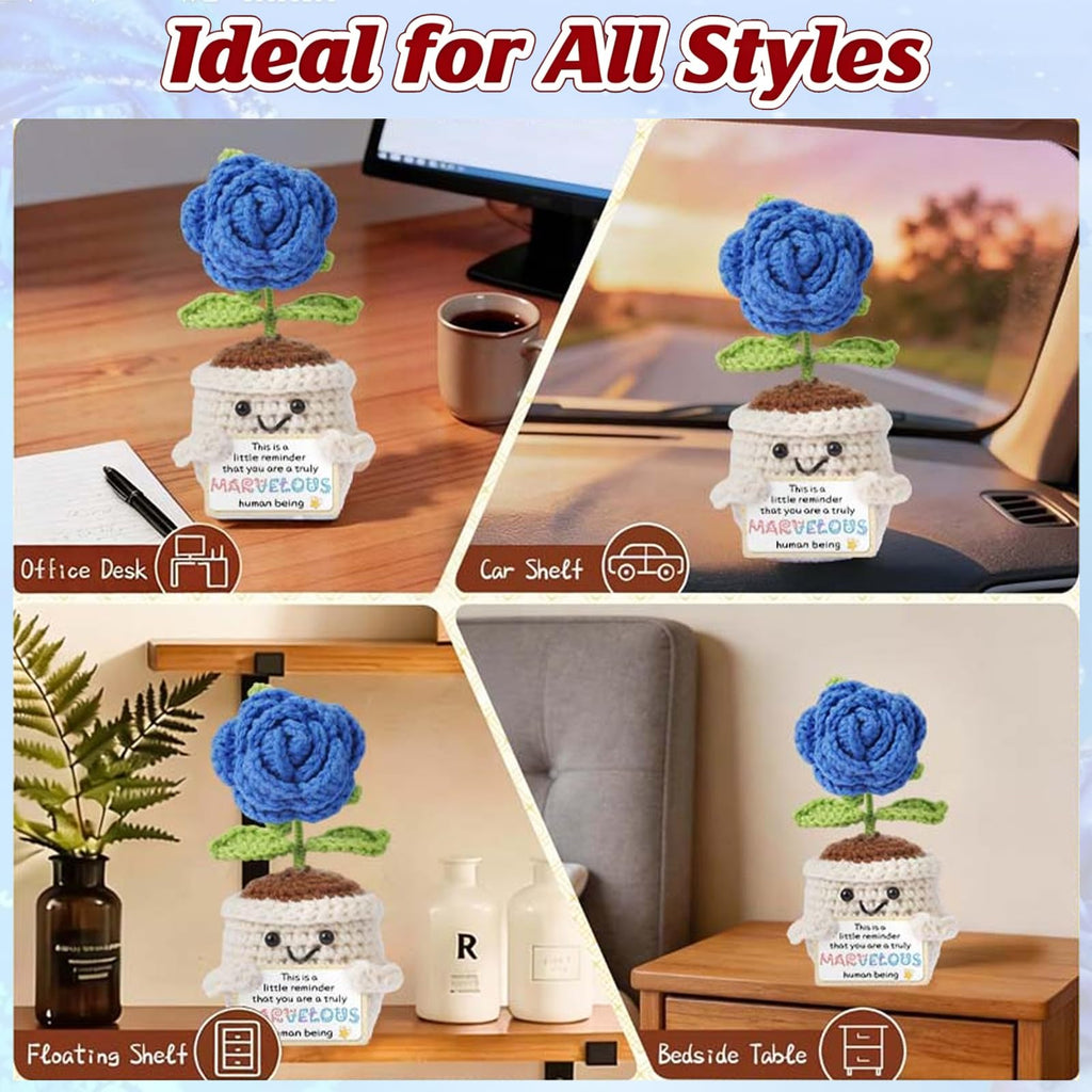 QAOULS Emotional Support Crochet Positive Rose Flower Inspirational Gifts for Men, Father's Day Birthday Thank You Gifts from Son Daughter Handmade Knitted Plant w/Card for Desk Decor