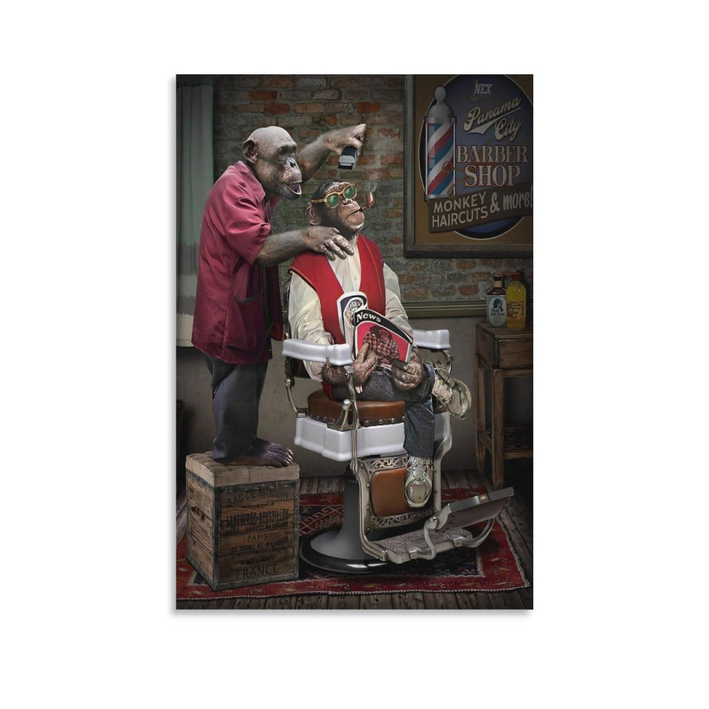 Barber Shop Monkey Haircuts Poster Decorative Painting Bathroom Decor Living Room Canvas Wall Art UnFramed,16x24inch(40x60cm)