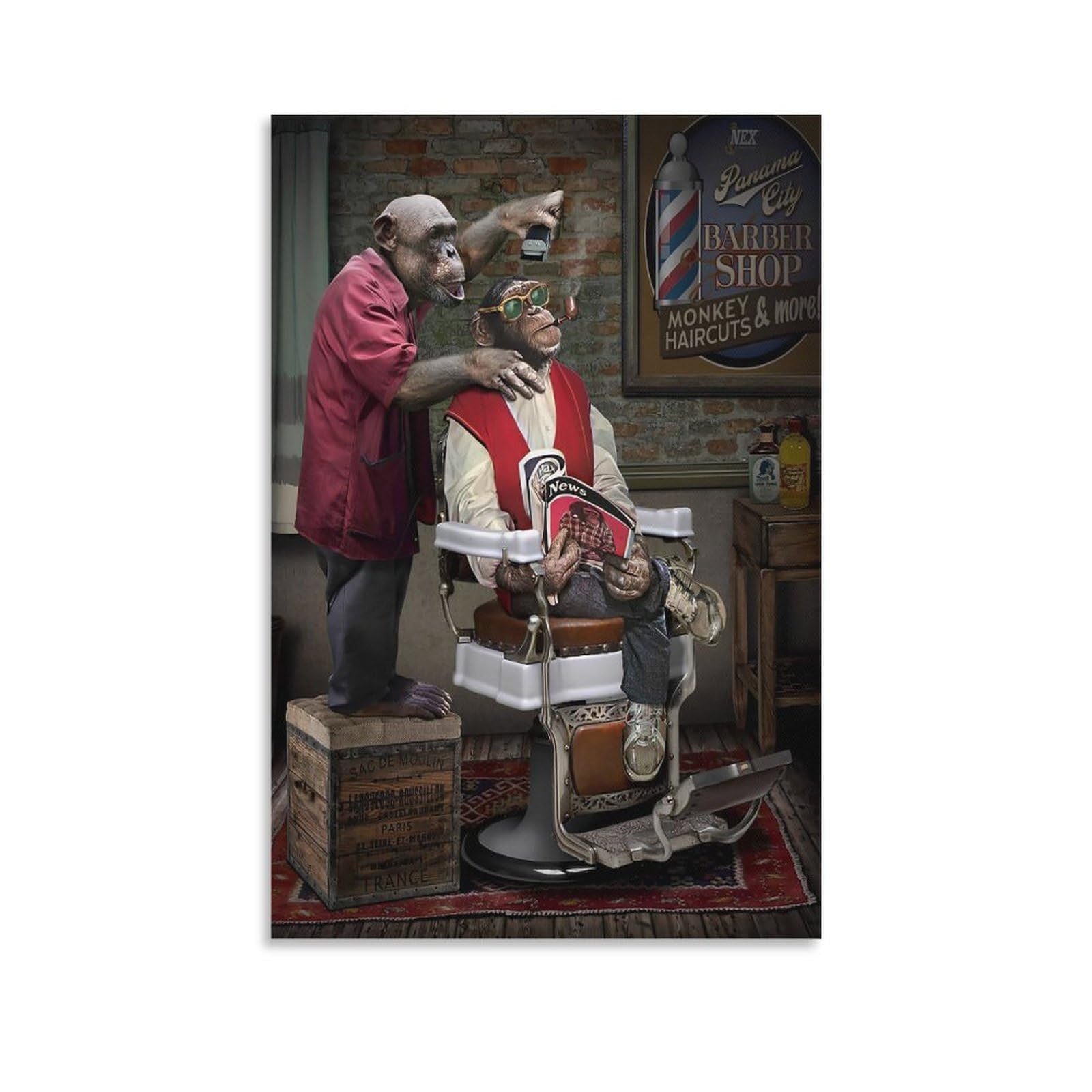Barber Shop Monkey Haircuts Poster Decorative Painting Bathroom Decor Living Room Canvas Wall Art UnFramed,16x24inch(40x60cm)