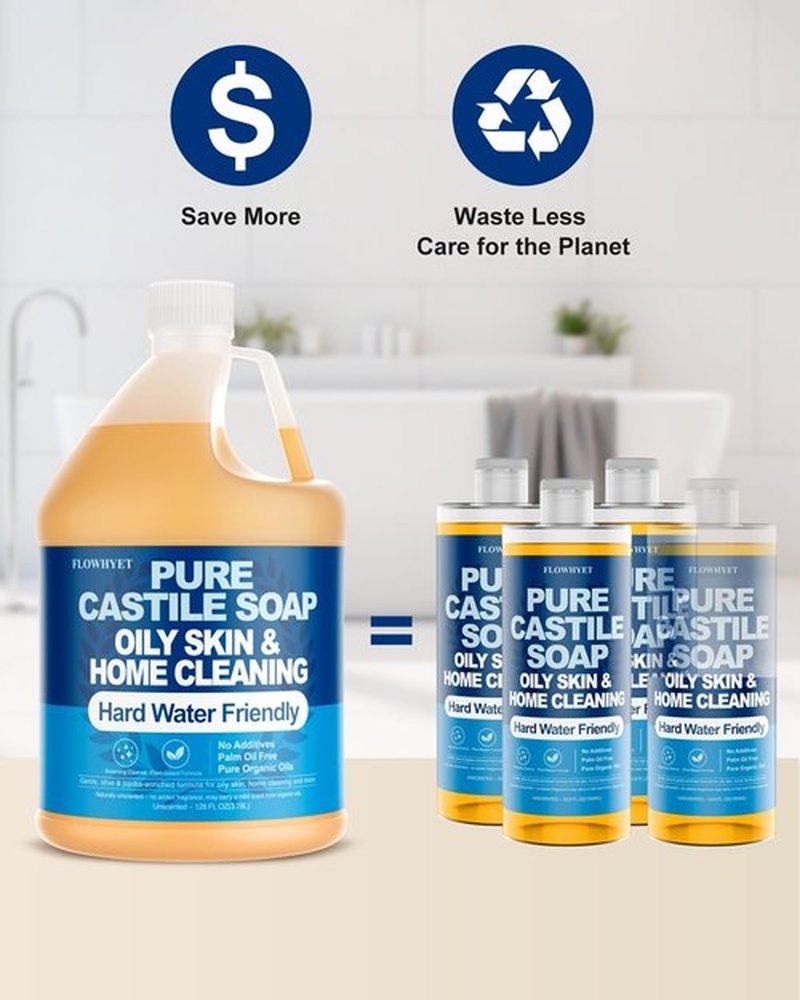 FLOWHYET Pure Castile Soap Liquid Unscented 1 Gallon(128 fl oz) Refill,EWG Verified Organic Body Wash Bath Soap Castile Liquid,Hard Water Oily Skin Friendly for Body, Face, Hand, Home Cleaner
