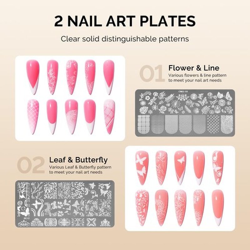 MelodySusie Nail Stamper Kit, Silicone French Tip Stamp Tool, 1PC Stamper, 1PC Scraper, 2PCS Stamping Plates, 2PCS Silicone Replaceable Heads for DIY Home French Manicure & Salon Art, Transparent