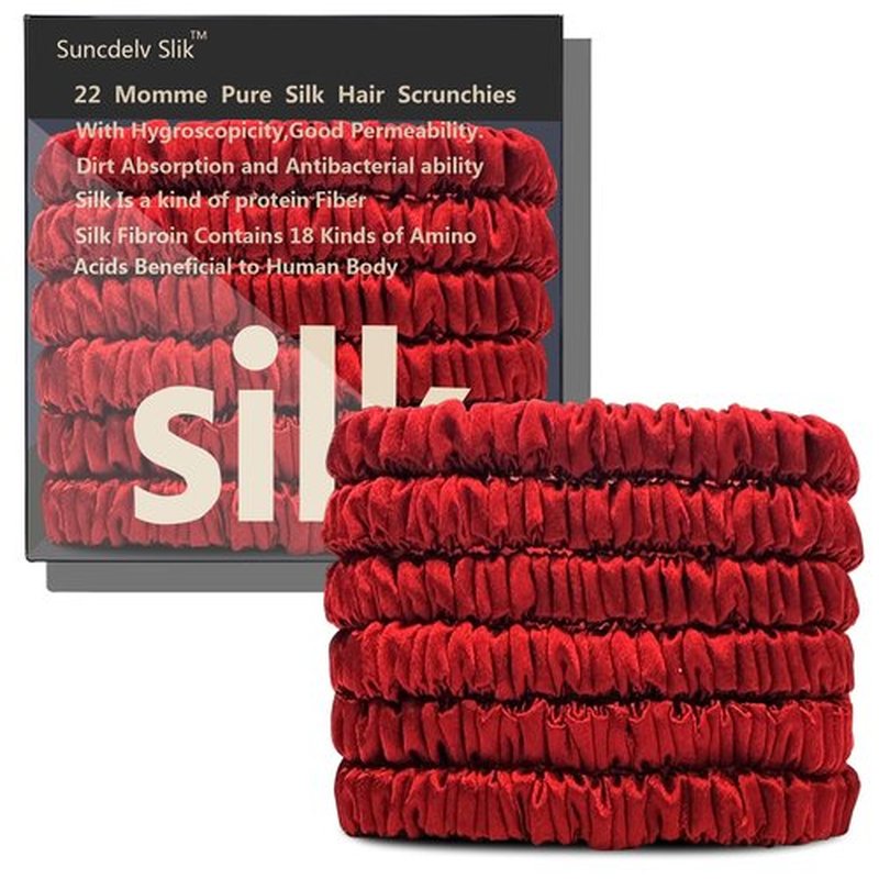 Suncdelv Silk,100% Silk Scrunchies for Hair,22 Momme Hair Ties for Anti-Crease & Breakage,Natural Women Hair Accessories，Fashion Hairbands 6PCS（Red）