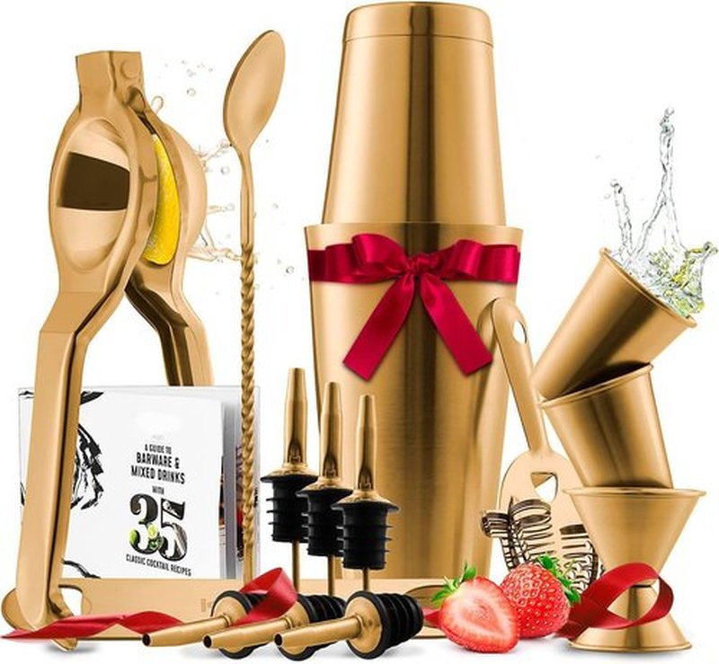 Skiennix Cocktail Shaker Set - 16-Piece Stainless Steel Mixology Kit with Gold Finish | Includes 30oz Shaker, Muddler, Jigger & Recipe Book