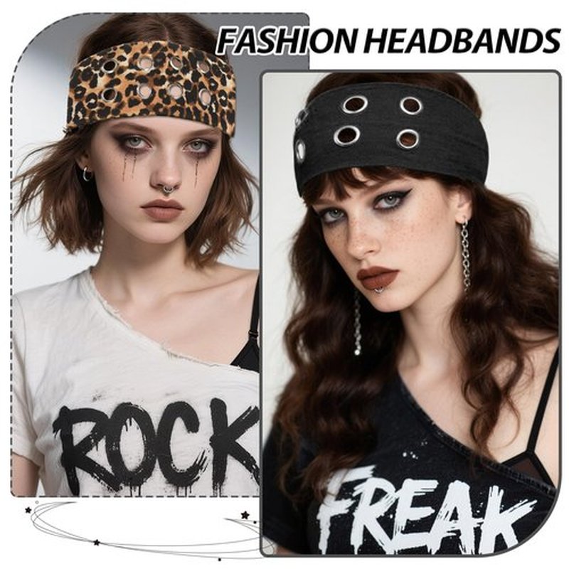 4 Pack Y2K Punk Hollow Metal Headbands - Wide Hairband with Grommet Eyelet Design, Leopard Print Elastic Bands - Retro Fashion Accessories for Girls, Women, Festival, Street & Daily Wear(A)