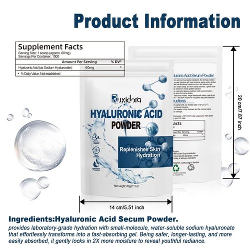 Pure Hyaluronic Acid Powder for Skin & Face (Sodium Hyaluronate) - Low Molecular Weight, Cosmetic Grade DIY Serum Ingredient for Deep Hydration, Acido Hialuronico en Polvo-Includes Scoop-60g(2.12oz)