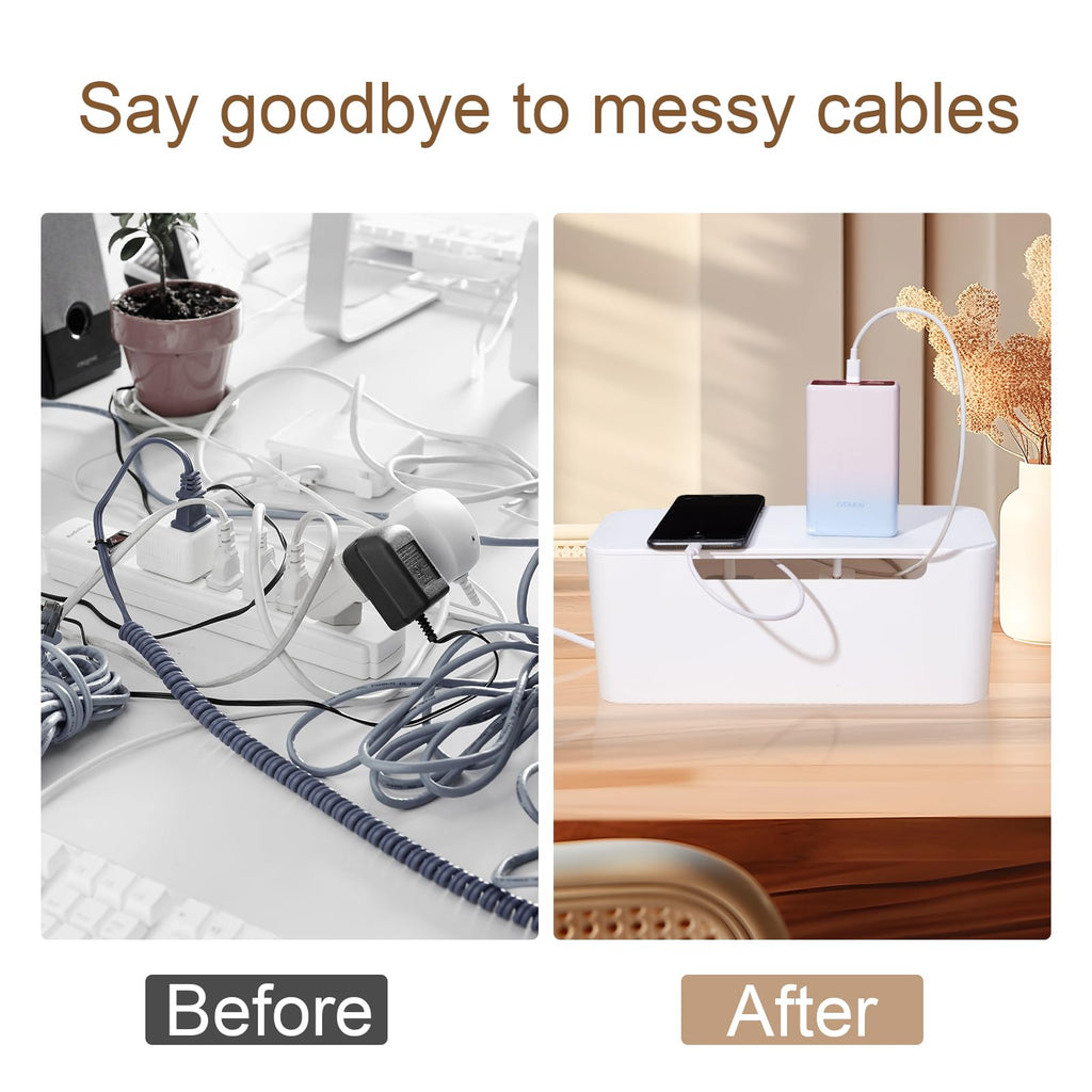 Eichzer Cable Management Box, Premium Cord Organizer Box to Hide Surge Protector on Desk, Power Strip Cover for TV Computer Home Router Office (White)