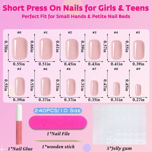 AddFavor Nude Press on Nails Short Square - 240PCS Glossy Short Nude Fake Nails Press ons for Women and Girls, Glue on Nails Kit with Adhesive Tabs, Nail Glue & File