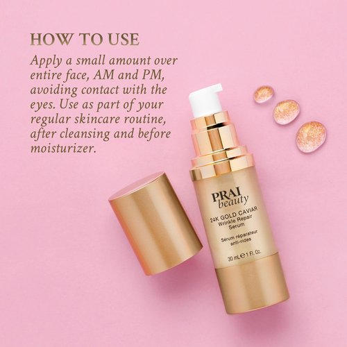 PRAI Beauty 24K Gold Caviar Wrinkle Repair Serum for Face | Anti-Aging Serum with Hyaluronic Acid to Plump and Fill In Wrinkles 4 oz