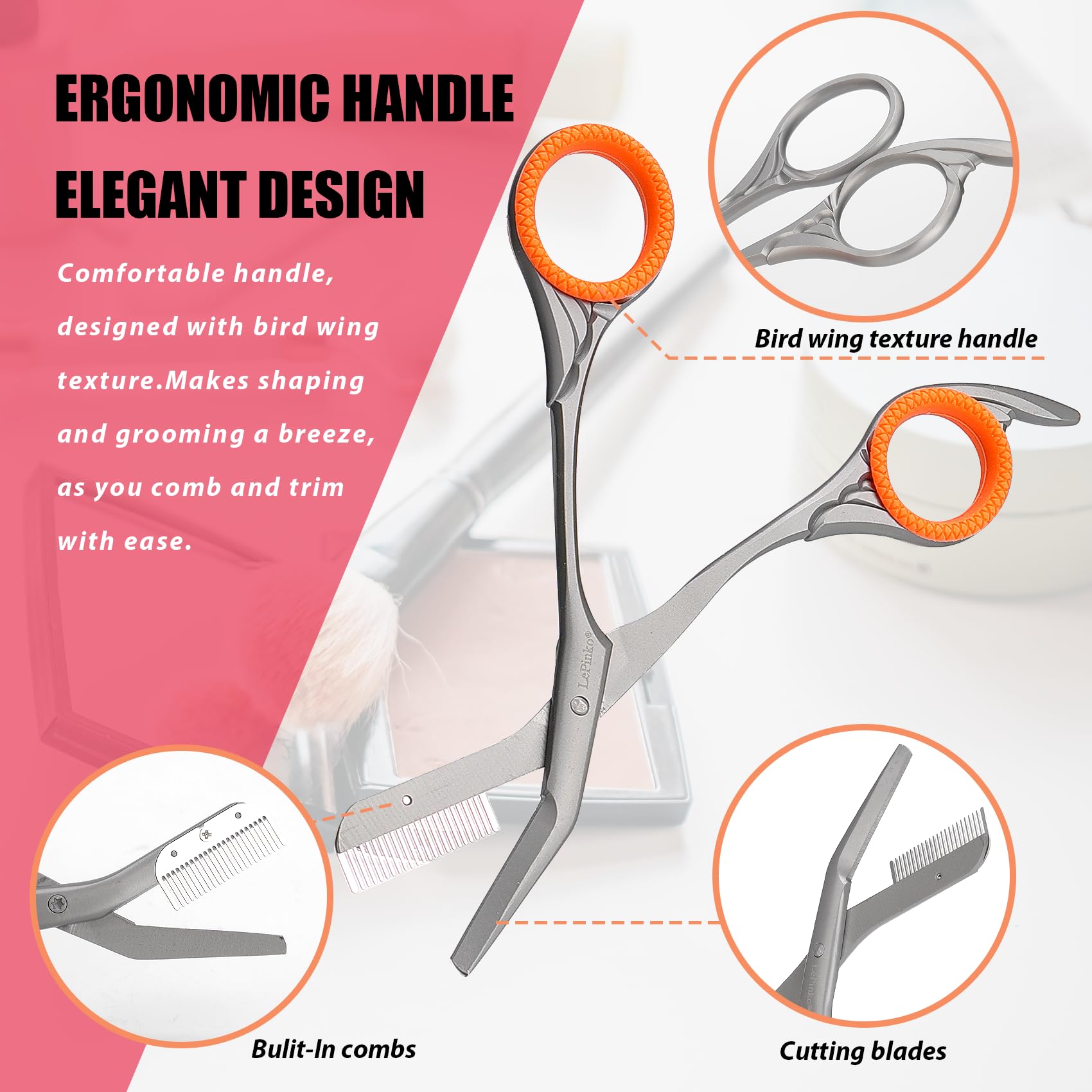 Eyebrow Scissors with Combs For Trimming and Shaping, Powder Steel, Gray