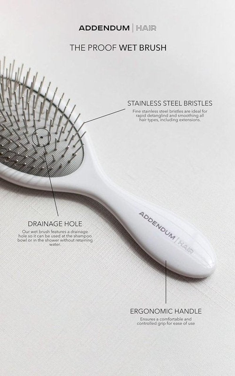 Addendum Hair Luxury Wet Hair Brush - Ergonomic Design with Fine Stainless Steel Bristles | Detangler for All Hair Types - White