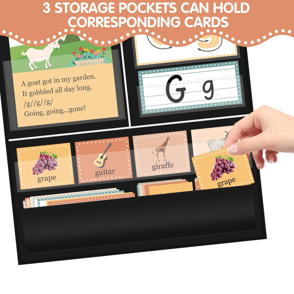 BOHEMIABY All About Letters Pocket Chart with ABC Flash Cards, 34" X 27", Letter of The Day/Week Daypocket Chart, Letter Tracing Learning Educational Wall Chart Preschool Classroom Homes, Black