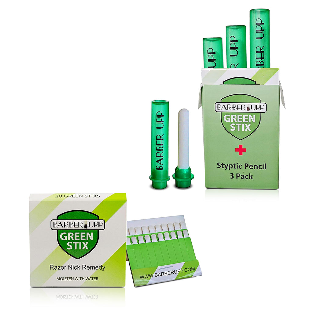 Green Stix + Styptic Pencil Set - 3 Pencils + 20 Aluminum Sulfate Sticks to Block & Stop Bleeding Fast From Razor Shaving Nicks & Minor Cuts - Anti-Bleed Shaving Accessory Men & Women