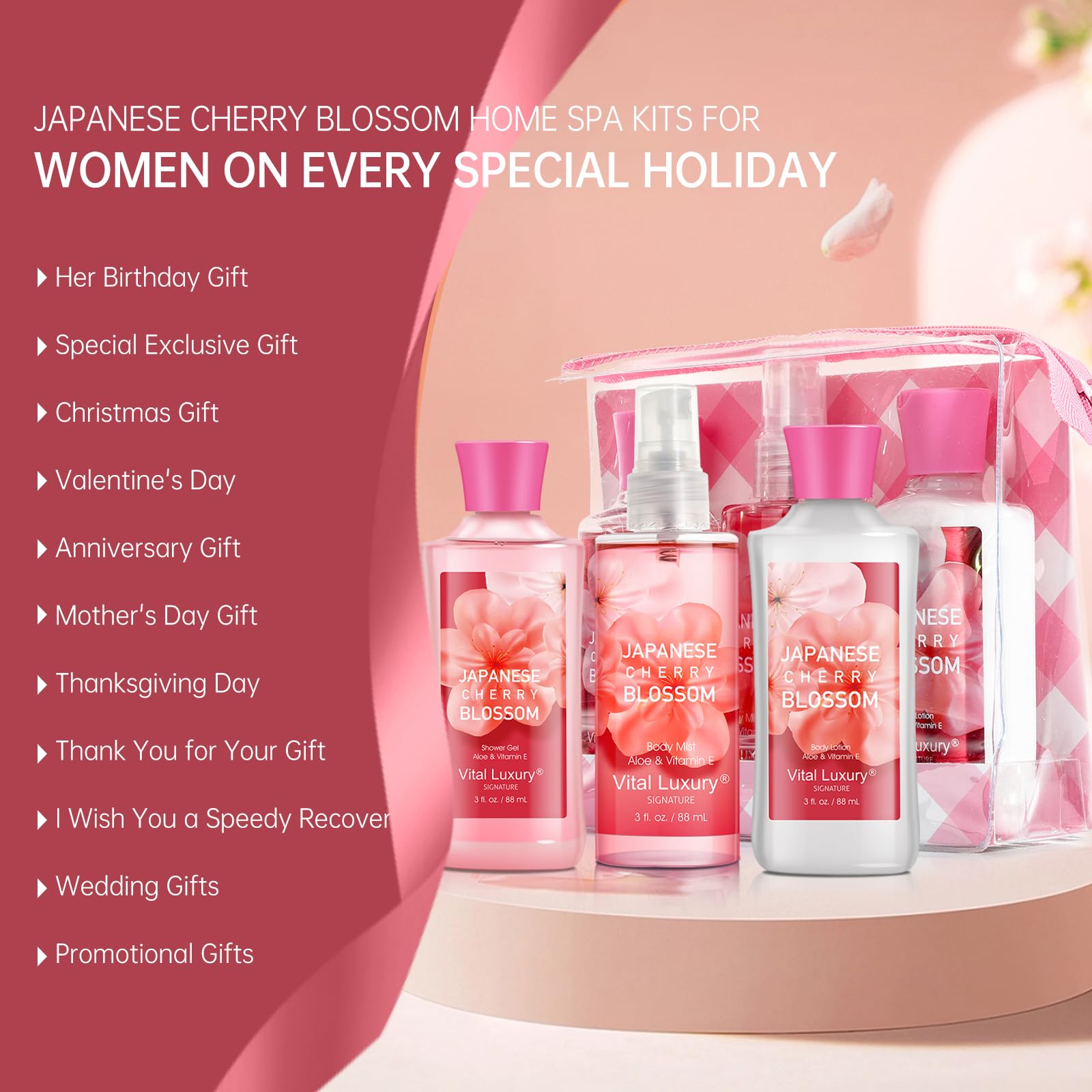 Bath and Body Gift Set – Japanese Cherry Blossom Spa Kit for Women, 3PC Travel Size Set with Shower Gel, Body Lotion, and Fragrance Mist, Body Care Set for Gifting, Bridesmaid Gifts