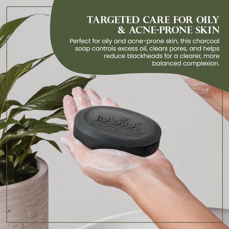 Madina Activated Charcoal Soap Bar – Deep Cleansing, Detoxifying, Oil Control, Acne, 100% Vegetable-Based, Halal, Gentle Face & Body Cleanser, 6 Pack (3.5 oz Each)