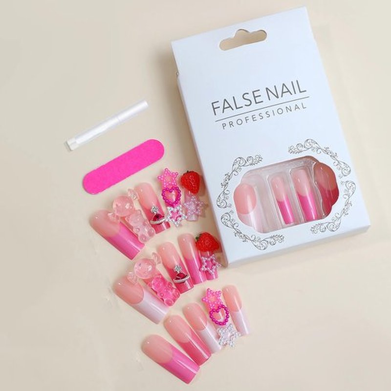 BABALAL Pink Press on Nails Long Square Fake Nails Cute Glue on 3d Bear Candy Star Heart Strawberry Charm Acrylic Nails Rhinestone Squoval Manicure Stick on False Nails 24Pcs Press on