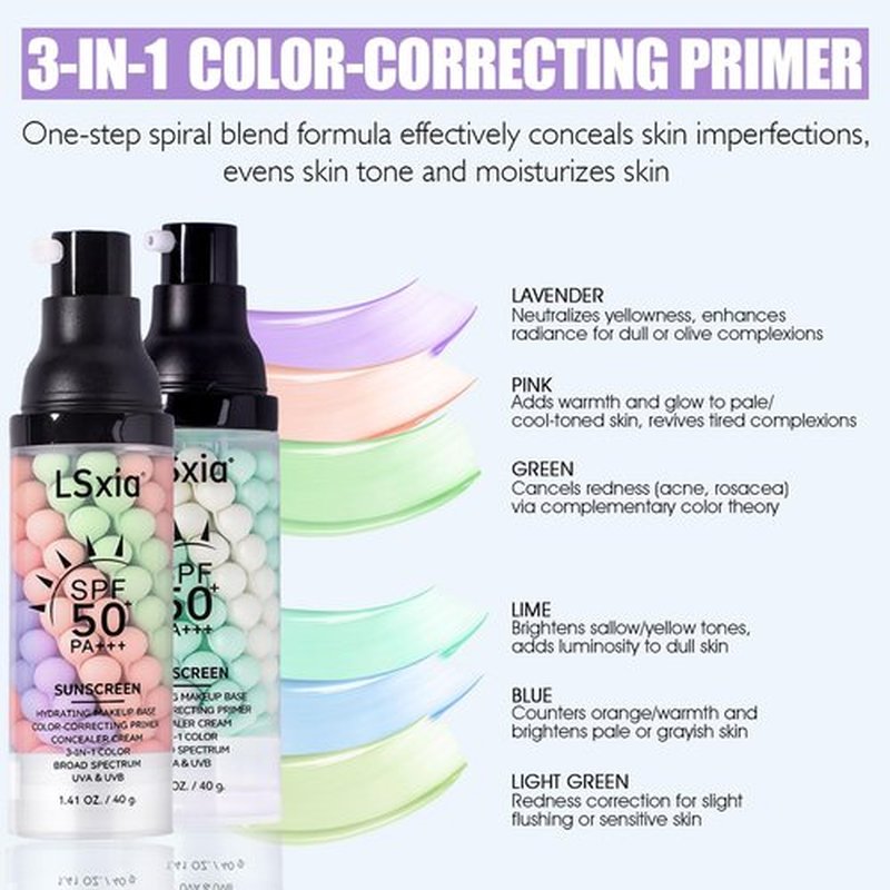 3 In 1 Primer for Face Before Makeup, SPF 50, Tinted Moisturizer Sunscreen Isolation Cream, One Step Color Corrector Makeup Primer, Color Correcting Concealer Oil Control, Base de Maquillaje, #01+#02